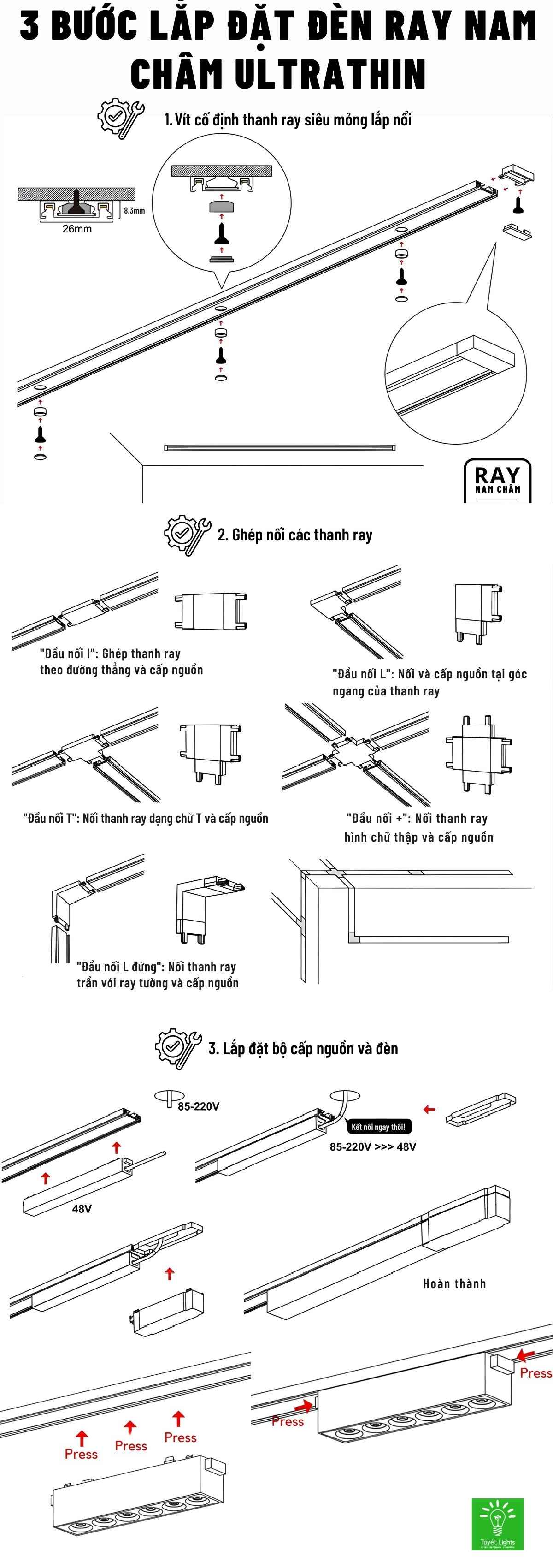 HỆ ĐÈN RAY NAM CHÂM THẾ HỆ MỚI 3 BƯỚC LẮP ĐẶT